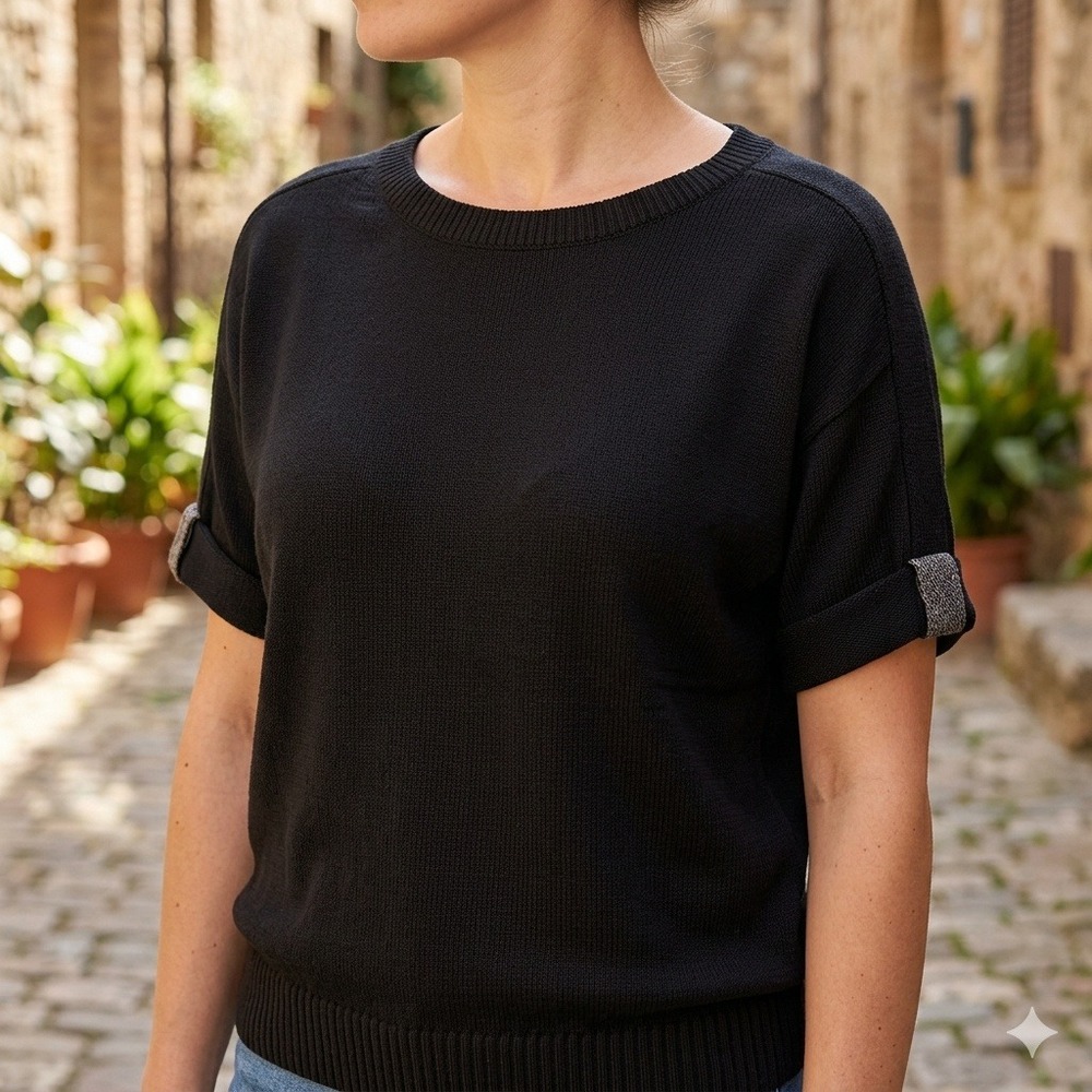 Chico's Black Linen Cotton Blend Short Sleeve Cuffed Sweater Size 1 Medium